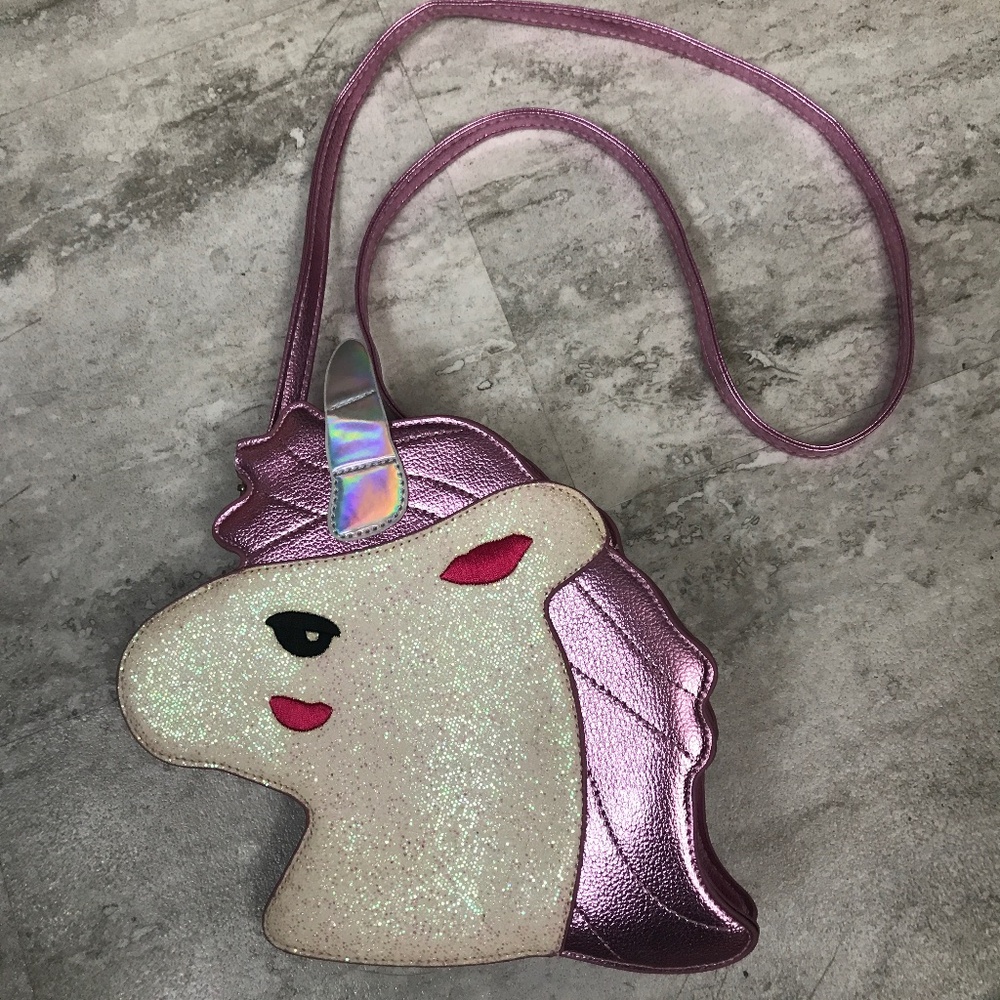 Glitter sparkle Unicorn shaped Purse white  purple strap zipper top NWOT